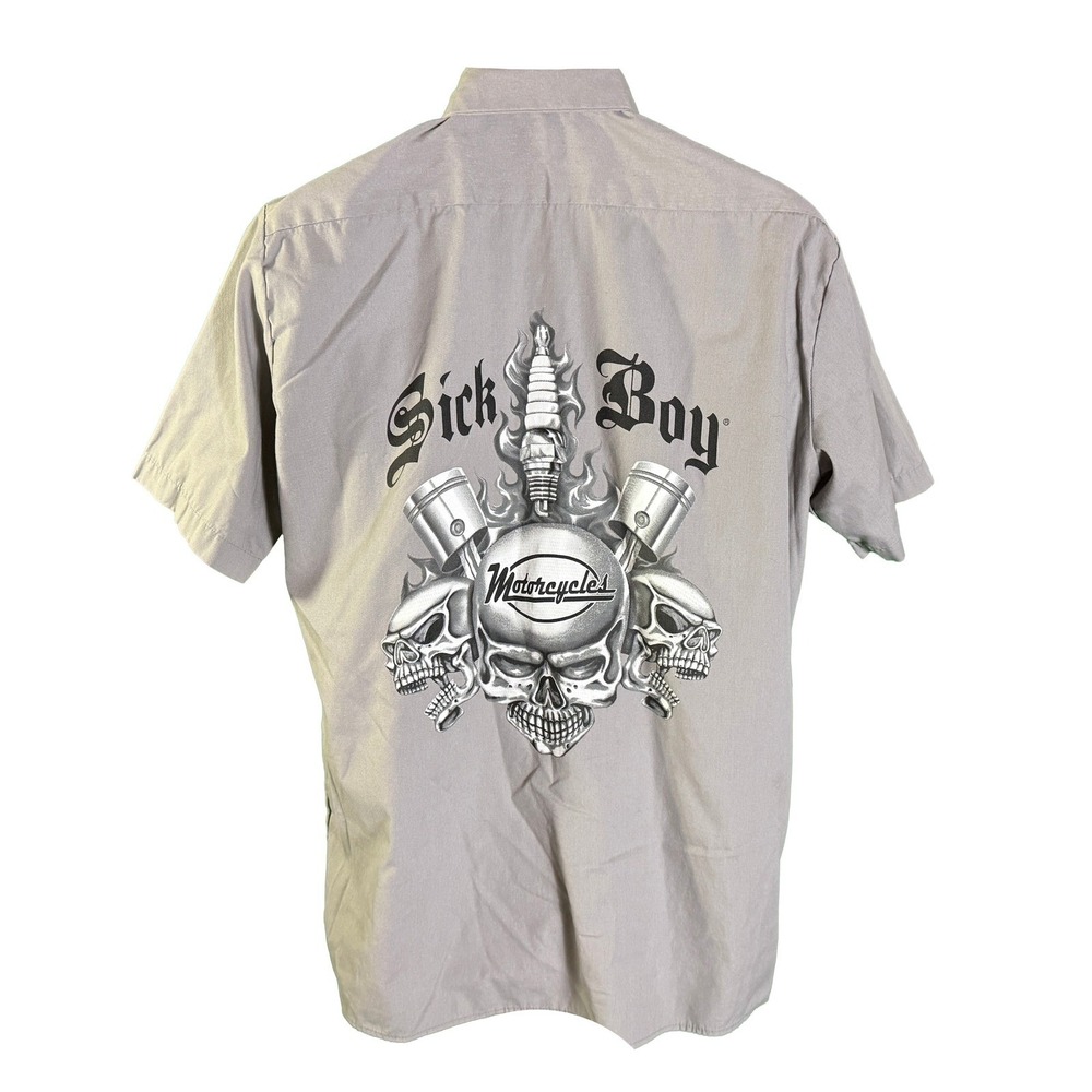 Dickies Work Shirt Mens Large Tan Sick Boy Motorcycles Skulls Graphic LS535GG